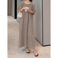 thumbnail image 3 of sicmoss Women's Coffee Brown Striped Gingham Swing Dress Crew Neck Loose Fit Midi Lantern Sleeve, 3 of 7