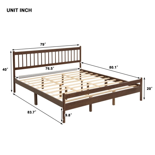 Traditional King Size Pinewood Bed with Headboard and Footboard, Walnut Finish, Strengthened Bed Frame