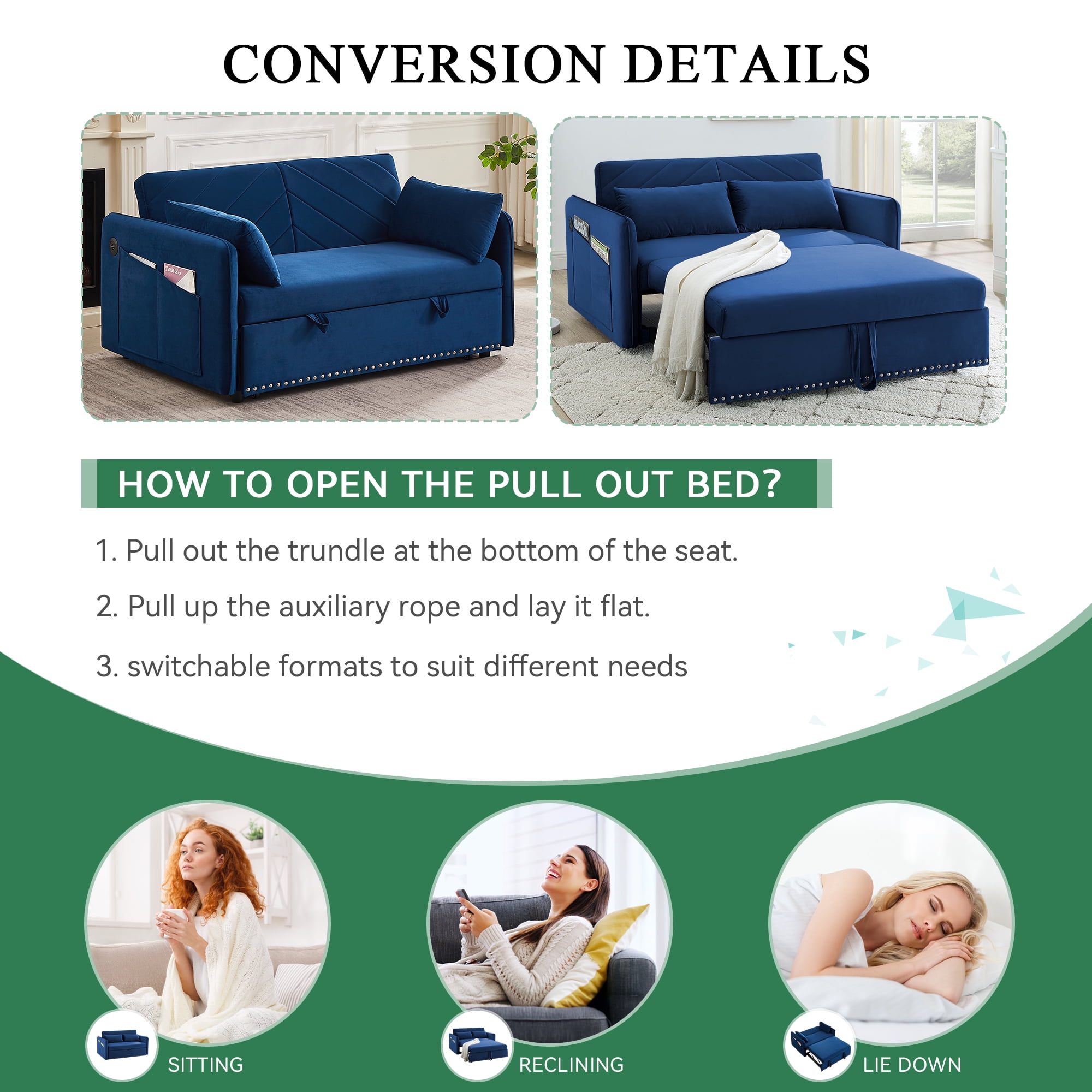 Dinosisco Convertible Sleeper Loveseat with USB, 55" Velvet Futon Sofa Bed, Blue