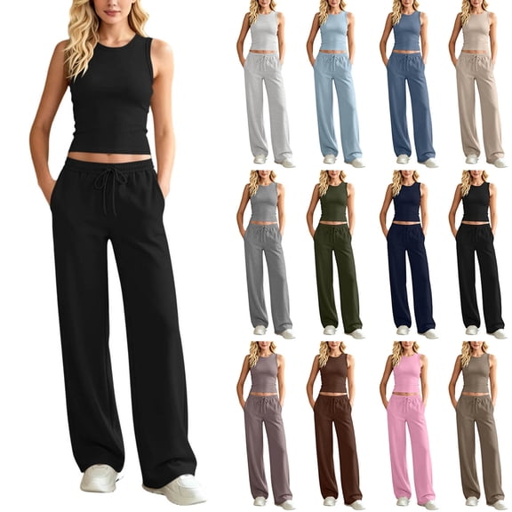 FRSASU Women's Gym Sets Crew Neck Vest Loose Trousers Suits Workout Athletic Yoga Training Casual 2 Pecs Tracksuits Purple