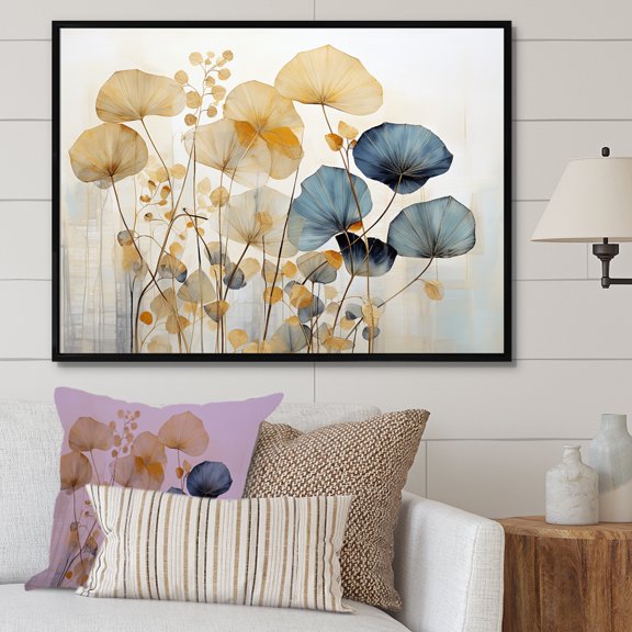 Designart "Delightful Flower Garden In Beige And Blue I" Plants Floater Framed Wall Decor