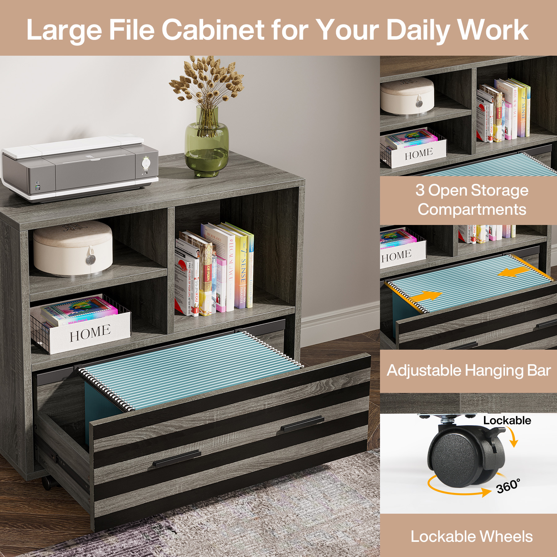 62.2" Executive Desk with Mobile File Cabinet, L-Shaped Office Desk with Storage Shelves, Gray