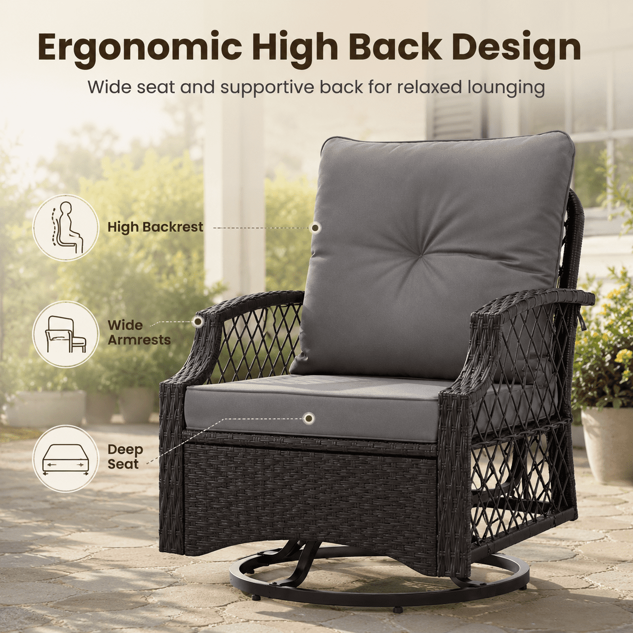 3-Piece Outdoor Swivel Rocking Chairs Set, Weather-Resistant Patio Furniture for Porch Backyard Poolside, with Coffee Table & Thick Cushions, Easy Assembly, Wicker 360° Swivel Rocker Bistro Set