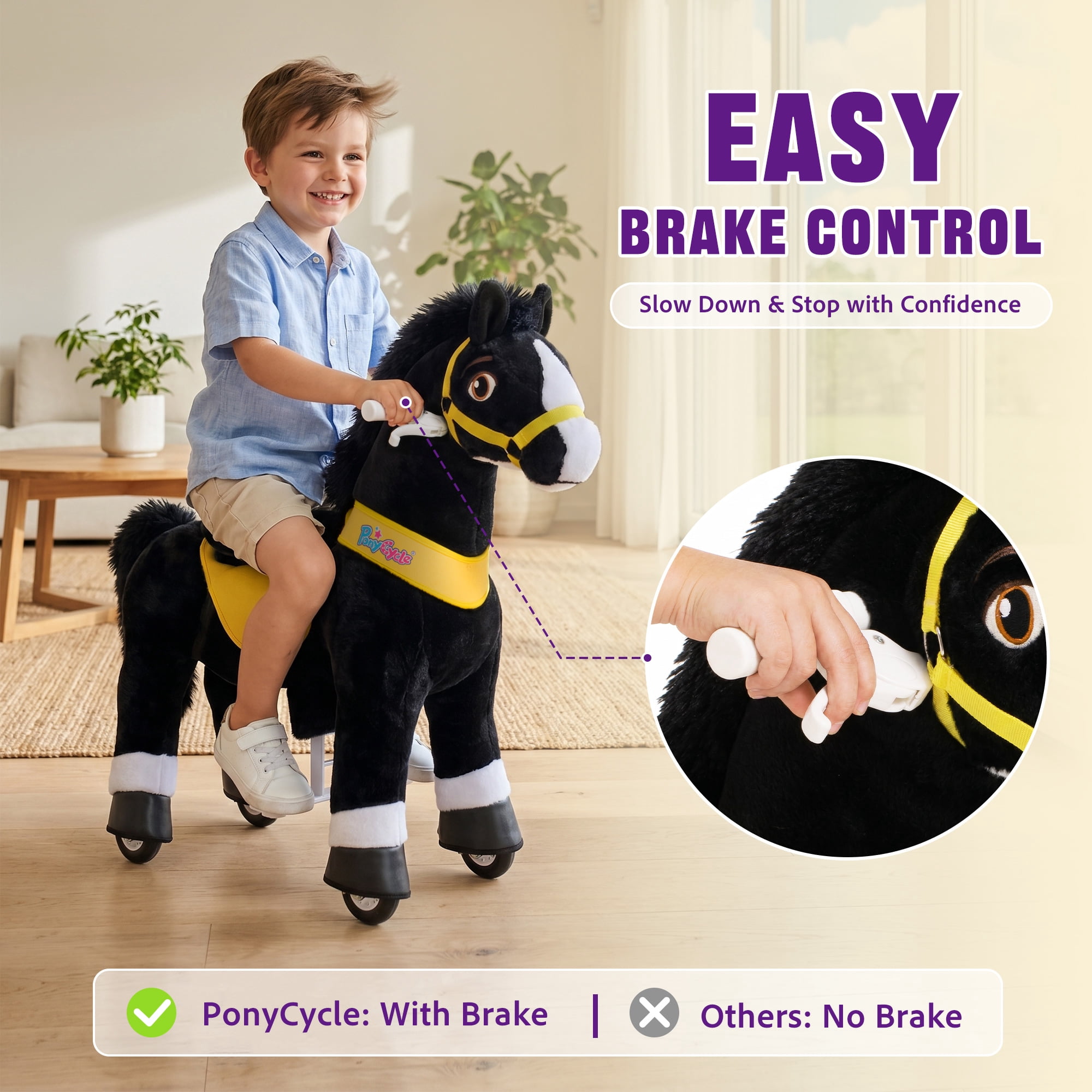 PonyCycle Kid-Powered Ride-On Horse Toy, No Battery, Hand Brake, Ages 4–7, Black, E438