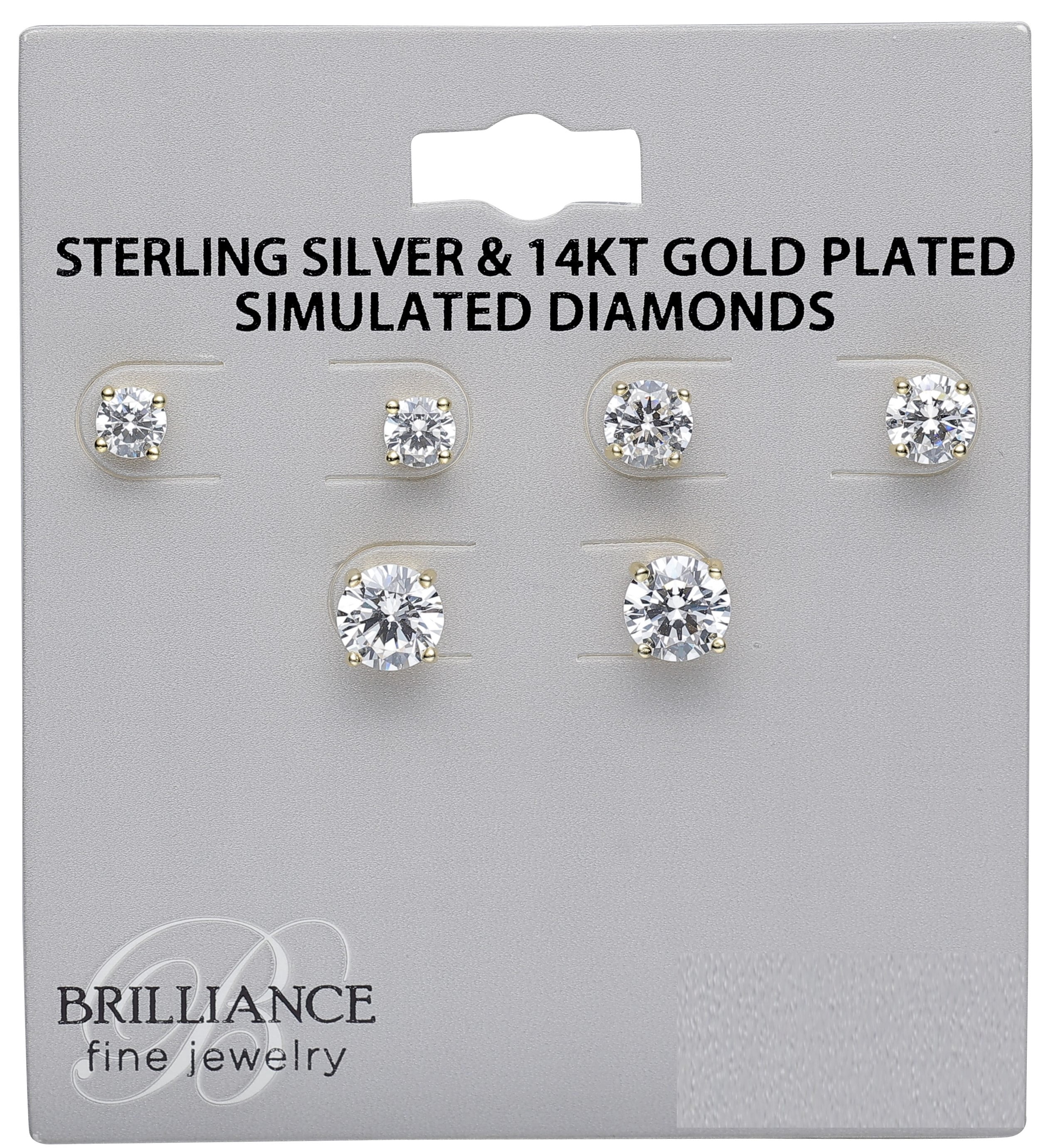 Brilliance Fine Jewelry Women's Simulated Diamond Round Earring Set in 14KT Gold Plated Sterling Silver