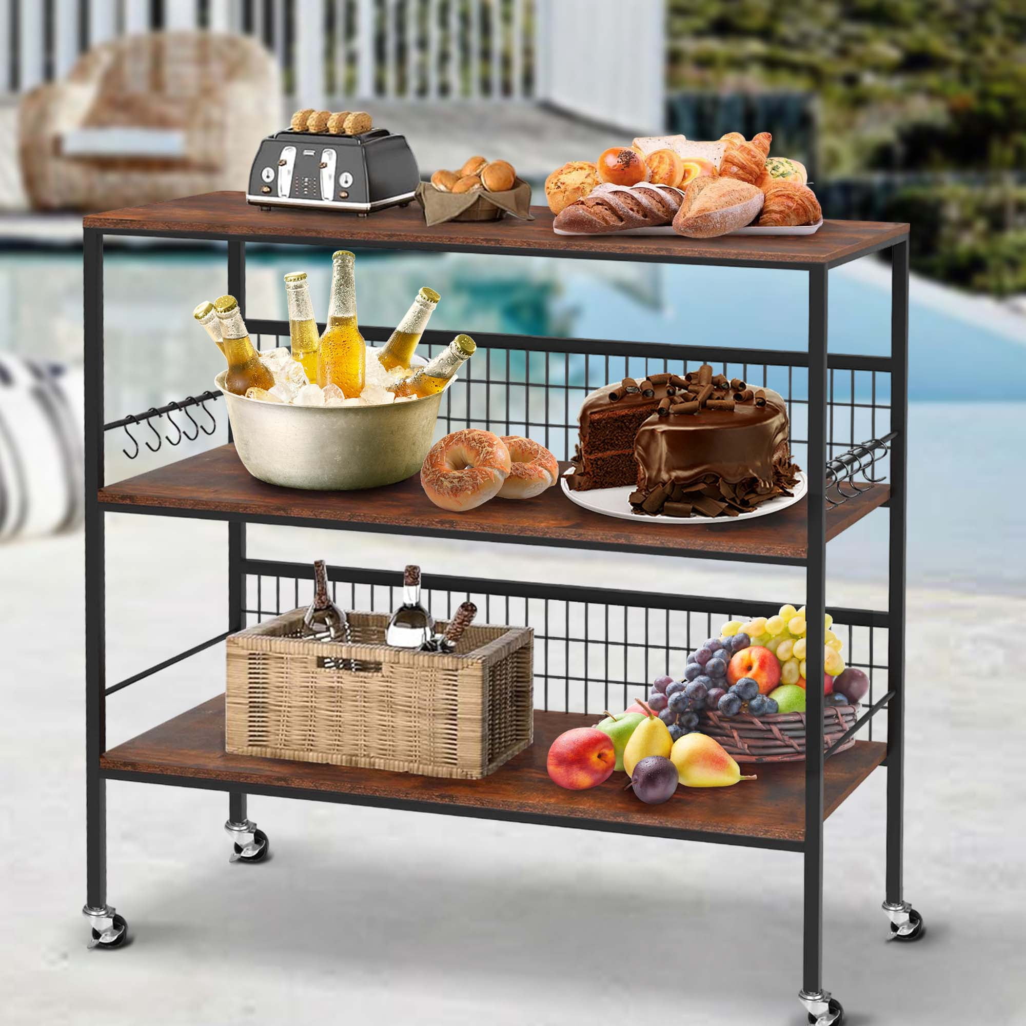 40" Wheeled Kitchen Storage Cart Island with Shelves, Copedvic 3-Tier Kitchen Bakers Rack with 10 Hooks