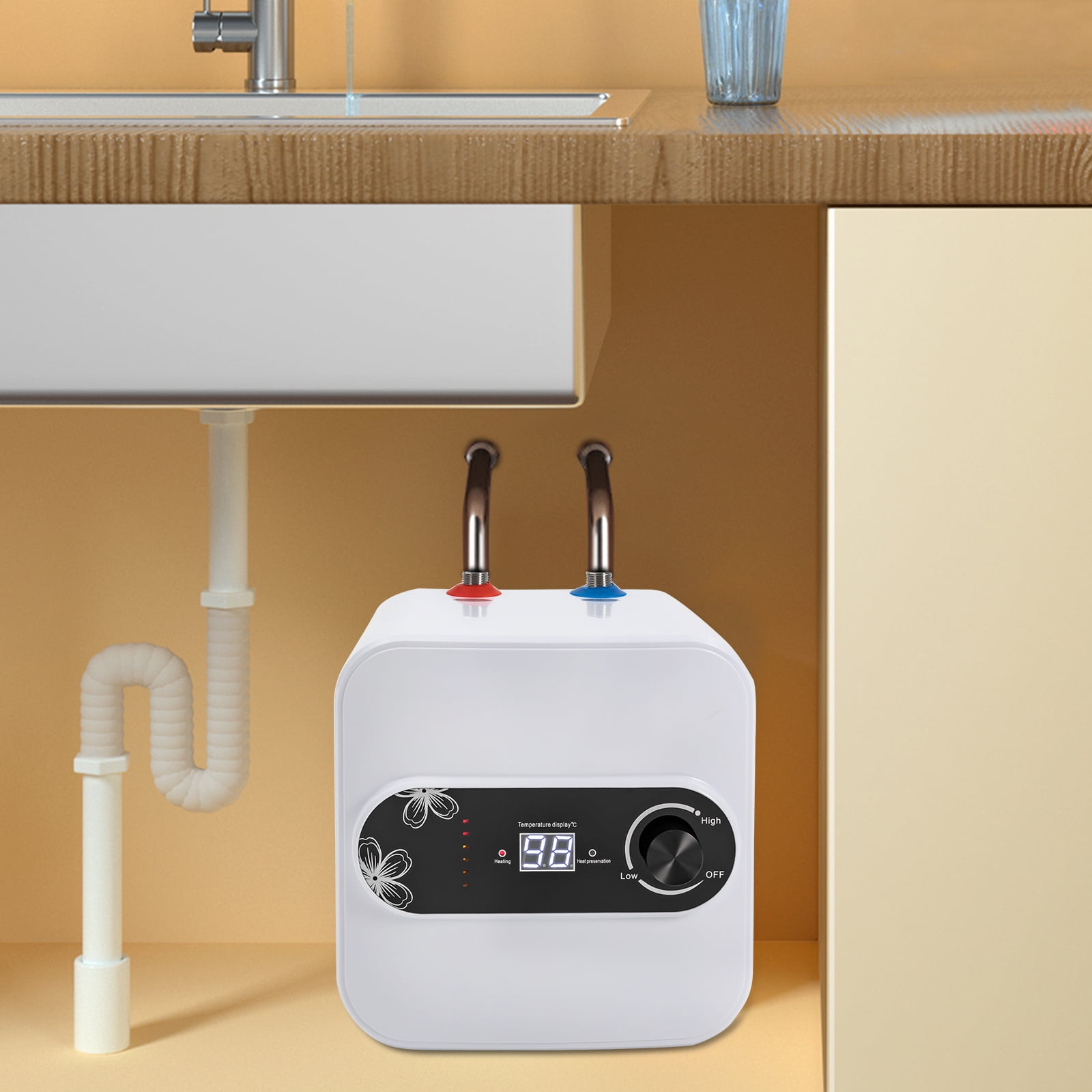 ChicHomey 1500W Electric Tankless Water Heater Instant,​​Compact 2.1Gal Mini-Tank Electric Water Heater,86-149°F Adjustable Temp, for Kitchen/Bathroom/RV/Sink (White)​​