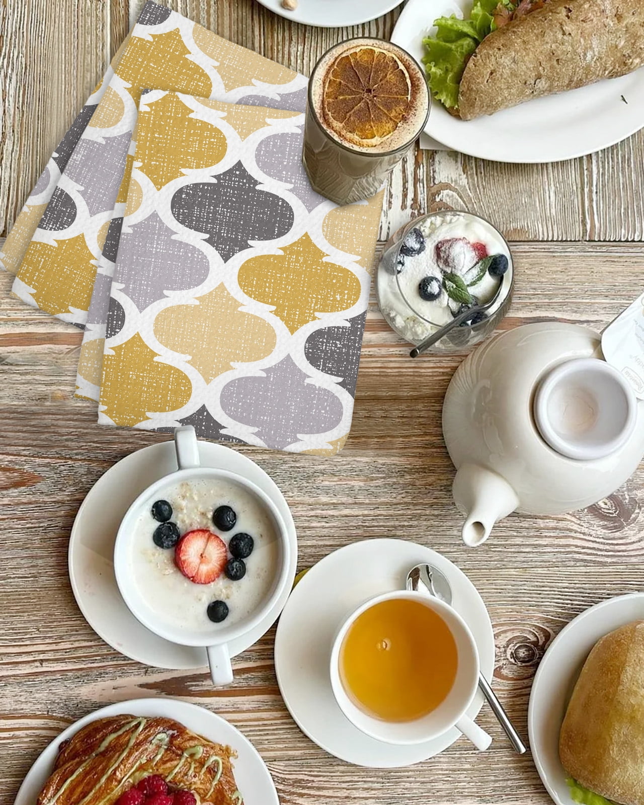 Moroccan Kitchen Dish Towels for Drying Dishes Set of 2, Vintage Moroccan Texture Yellow Grey Waffle Weave Microfiber Hand Tea Bathroom Towels Quick Dry & Absorbent Towel 15.7x23.6