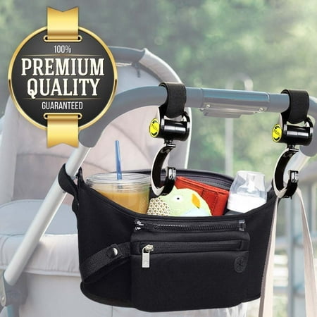 Eutuxia Baby Stroller Bundle, Organizer Bag with Multi Pockets & Detachable Wristlet + 2 Hooks for Strollers. Insulated Cup Holders for Drinks, Storage Space for Items, and Hooks to Hang Your