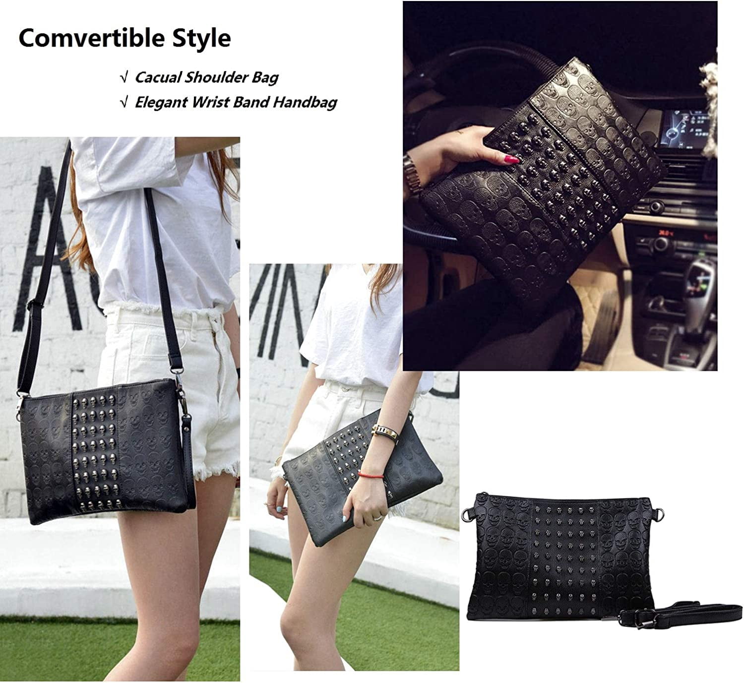 Womens Punk Skull Rivet Shoulder Bag PU Leather Goth Crossbody Bag with Chain Wallet Purse for Teen