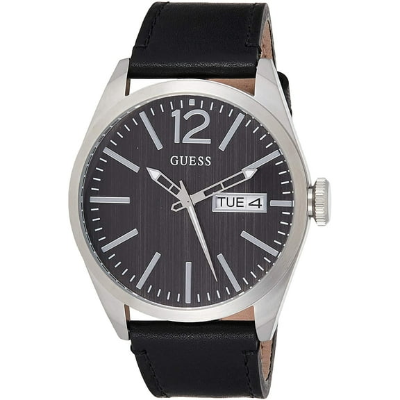 Guess Men's W0658G2,Men dress,Black leather Strap,Black dial,Stainless Steel Case,Three Hands,Day and Date,WR