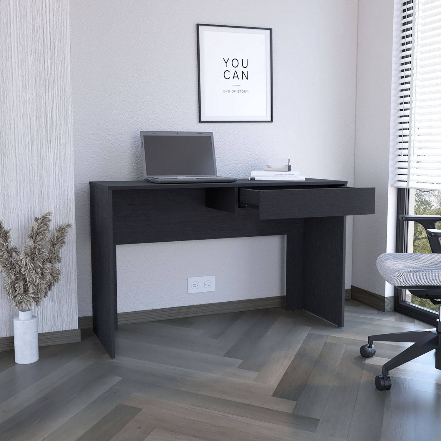 Asteroutdoor Computer Desk Harrisburg with One Drawer, Black Wengue Finish, 47.3 in Wide Table Top, 43.32 in Wide, 29.5 in High, Black Particle Board