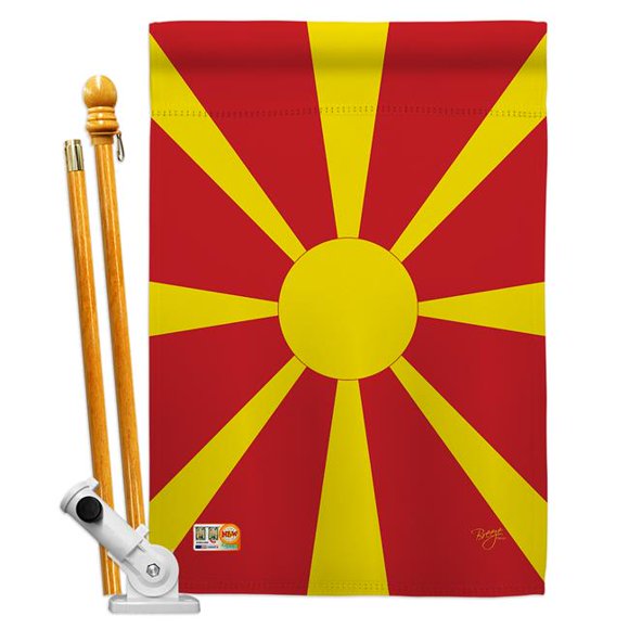 Breeze Decor BD-CY-HS-108372-IP-BO-D-US15-BD 28 x 40 in. Macedonia Flags of the World Nationality Impressions Decorative Vertical Double Sided House Flag Set with Pole Bracket Hardware