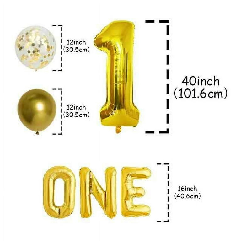 40 Inch Gold Number 1 Balloon With Crown - 1st Birthday Party Decorations With Straw & Glue Dots