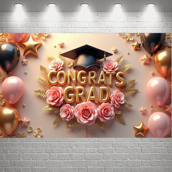Gold Lettering Graduation Banner Pink Roses Graduation Backdrop Gold Stars Balloon Decor Academic Background for Graduation Ceremony College Graduation Grad Party