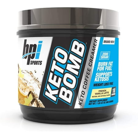 BPI Sports Keto Bomb – Ketogenic Coffee Creamer – Supports Weight Loss, Energy, Hydration, Performance – Contains MCTs & Electrolytes – Zero Sugar – French Vanilla Latte - 18 Servings – 16.5 oz