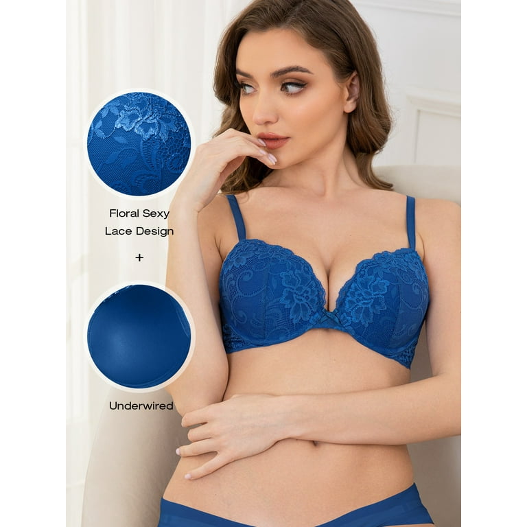 Deyllo Women's Sexy Lace Push Up Padded Plunge Add Cups Underwire Lift Up  Bra, royal blue 36A