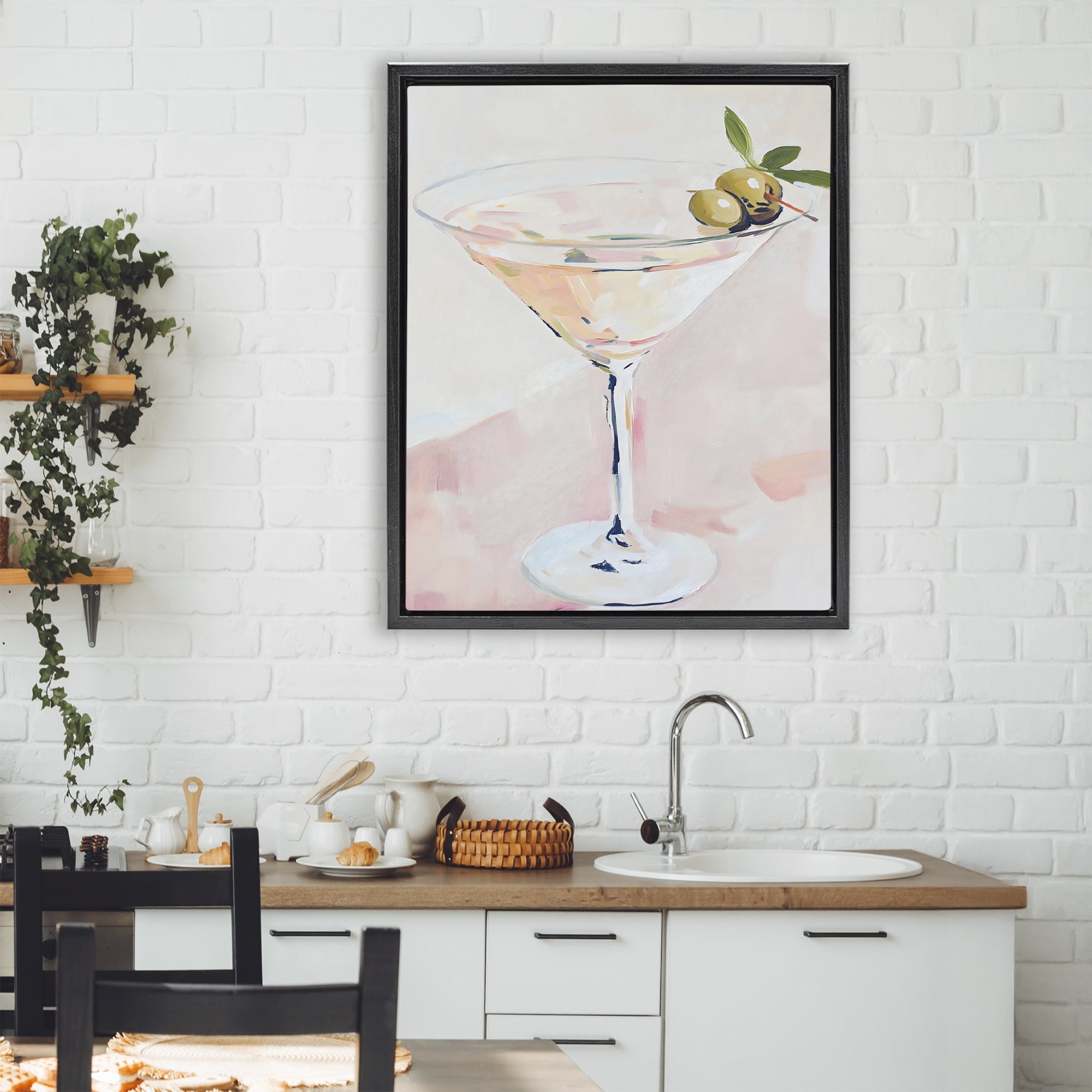 Stupell Industries Pastel Martini with Olive Garnish Black Framed Floater Canvas Wall Art, design by The Prints Vibe