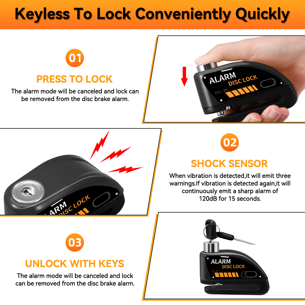 Gadpow Disc Brake Lock Rechargeable Motorcycle Alarm 120db 7mm Pin with 6ft Reminder Cable for Motorbikes Bicycles