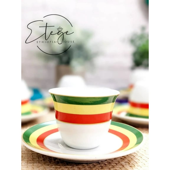 Etege Ethiopia- 12 PCS Ethiopian Falg Traditional Coffee Cups set of 6 cups 3oz and 6 saucers
