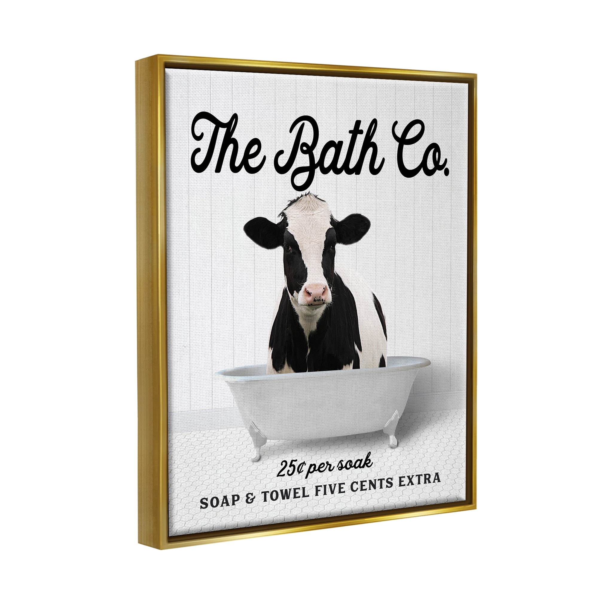 Stupell Industries Vintage Bath Ad Cow Animals & Insects Painting Gold Floater Framed Art Print Wall Art, 17 x 21