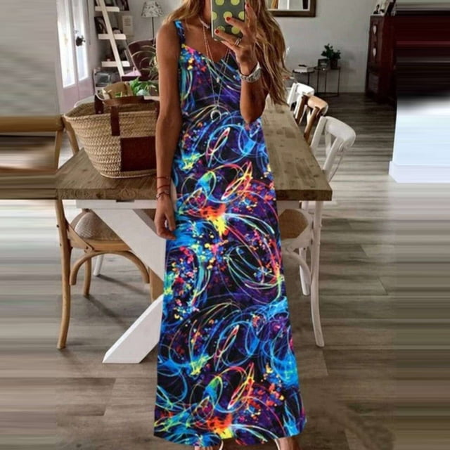 SMihono Robe Maxi Bohème d'Été pour Femmes Grande Taille Mode Féminine Ample Imprimé Lumineux Sans Manches Décontractée Longue Robe de Plage Robe d'Été