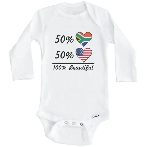 50% South African 50% American 100% Beautiful South Africa Flag Heart One Piece Baby Bodysuit (Long Sleeve), 0-3 Months White