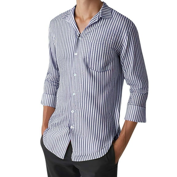 KAUOD Men's Striped Print Button Front Collared Long Sleeve Shirt Top Men Long Sleeve Regular Fit Cotton Dress Shirts Vacation Top