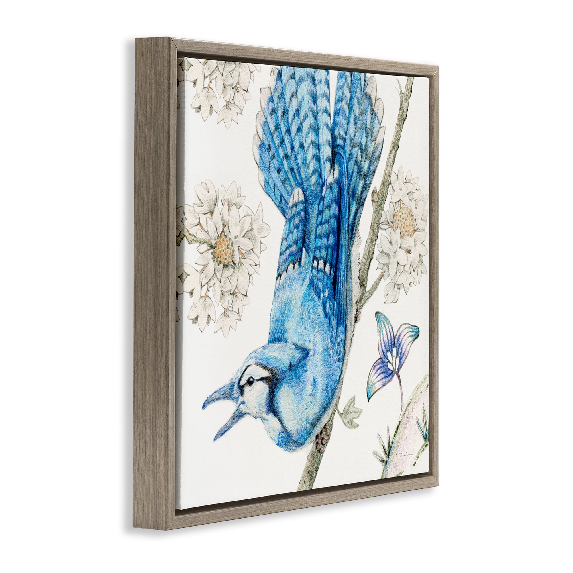 Stupell Industries Blue Jay Perched Florals Animals Painting Brown Floater Framed Canvas Art Print Wall Art, 18 x 18