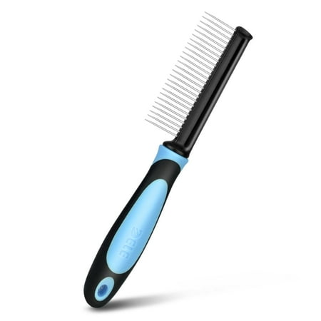 Dog Comb - Pet Cat Grooming Trimmer Brush Stainless Steel Blade for Small Animal Puppy Dead Matted Tangles Hair Cutting Removing Tool with Rounded Teeth Needle Soft Grip Handle (Blue)