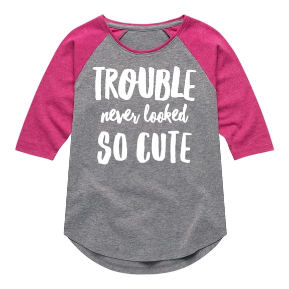 Instant Message - Trouble Never Looked So Cute - Toddler & Youth Girls Raglan Graphic T-Shirt