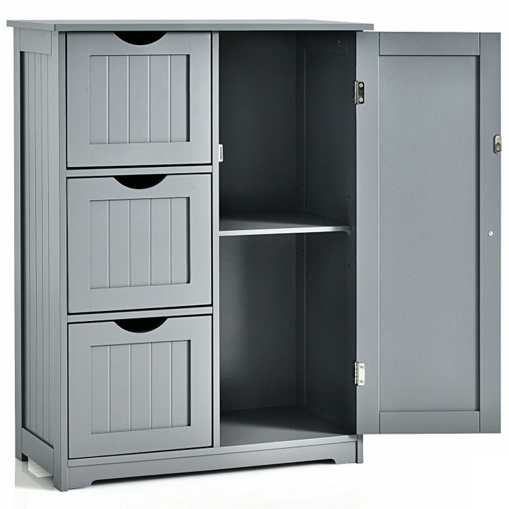 Finihen Storage Cabinet, Floor Cabinet, Bathroom Floor Cabinet Side Storage Cabinet with 3 Drawers and 1 Cupboard, for Bathroom, Living Room, Bedroom, Kitchen, Gray