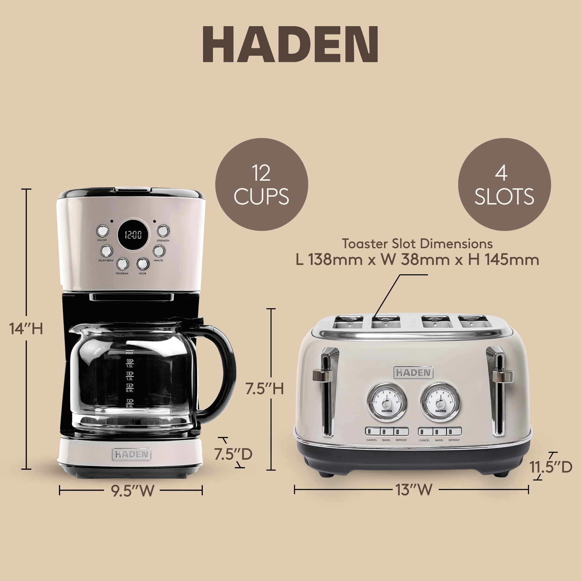 Haden Dorset 12 Cup Coffee Maker & 4 Slice Wide Toaster, Putty & Chrome