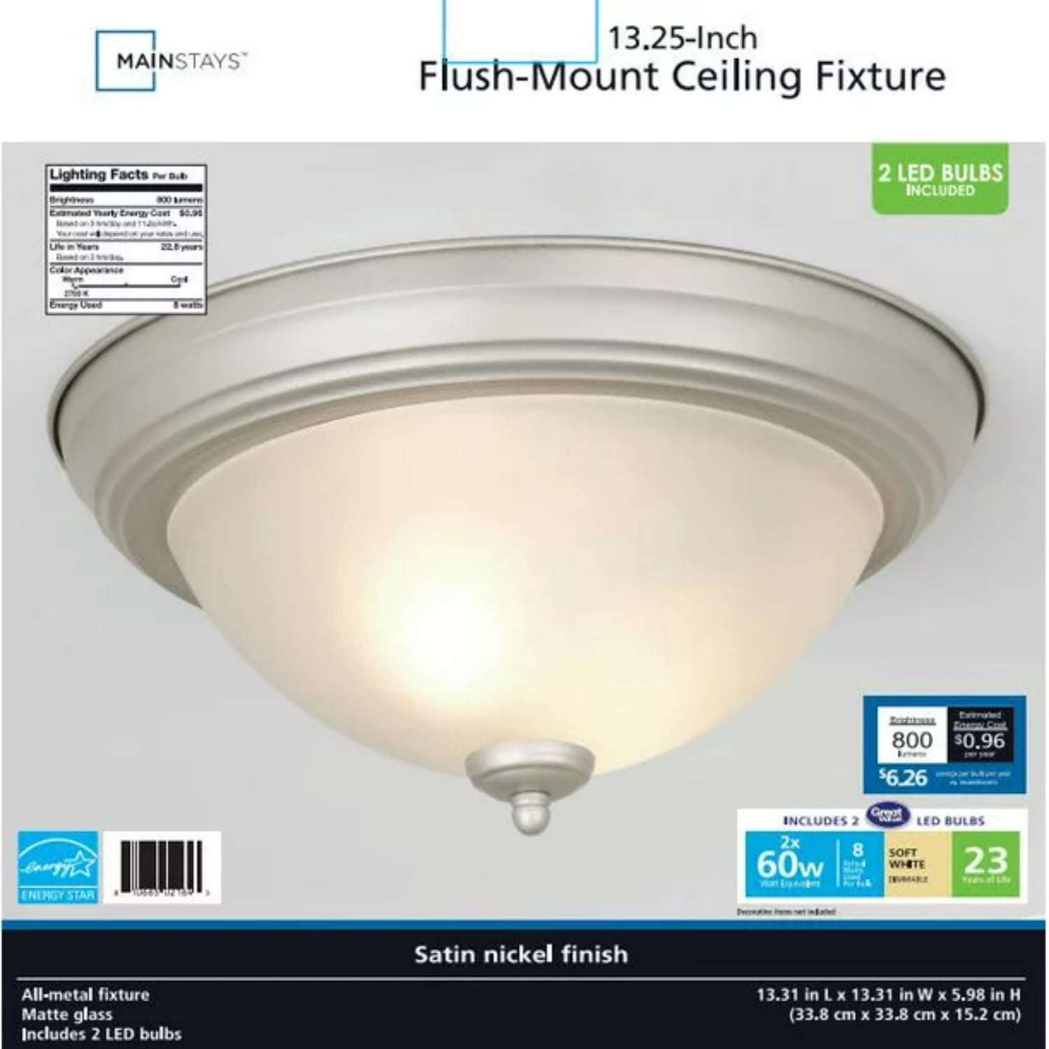Mainstays 13" Vintage Flush Mount Ceiling Light, 8W /60W Eqv Satin Nickel, 2 Light Bulbs Included