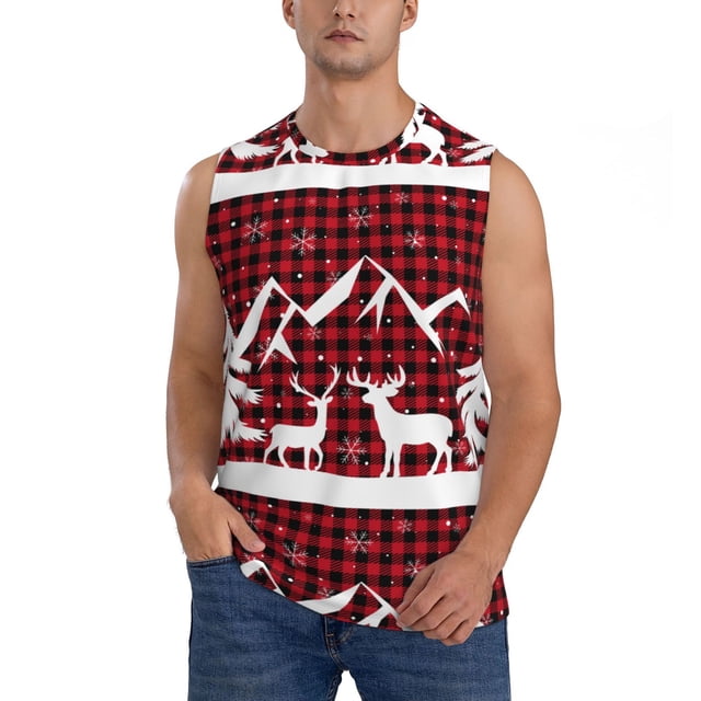 Fotbe Christmas Buffalo Plaid Men's Camiseta sin Mangas Estampada para Hombres, Playera Casual para Gimnasio, Entrenamiento, Playa-XX-Large