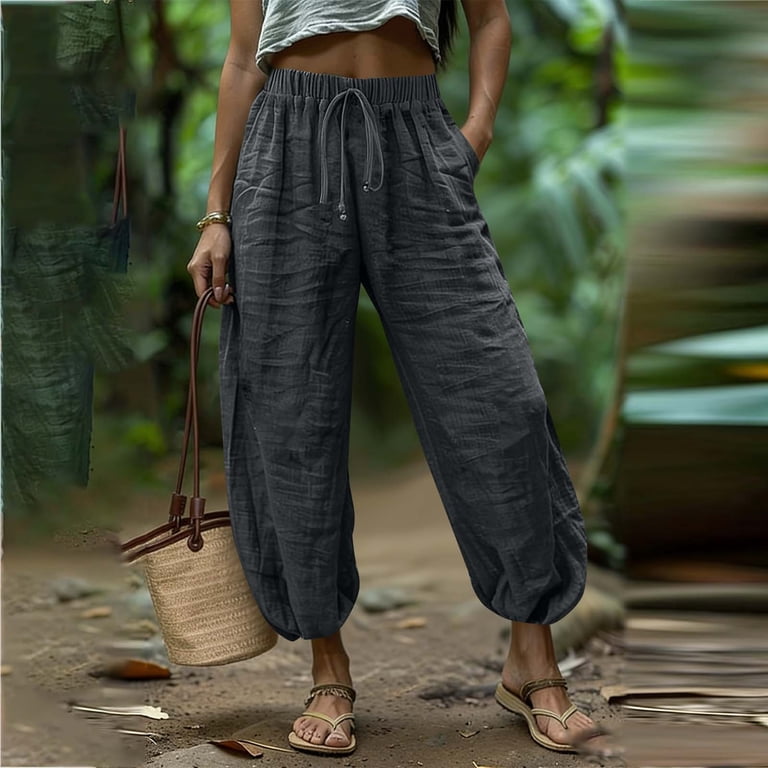 BLTIBY Womens Cotton Linen Harem Pants Baggy Boho Hippie Lounge