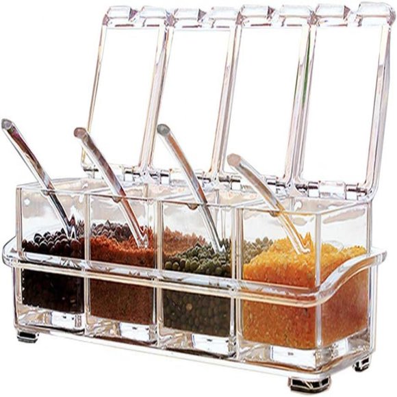 Cuatro organizadores de especias, frascos para especias, dispensadores de especias, recipientes de almacenamiento, recipientes de almacenamiento de plástico con tapas y cucharas.