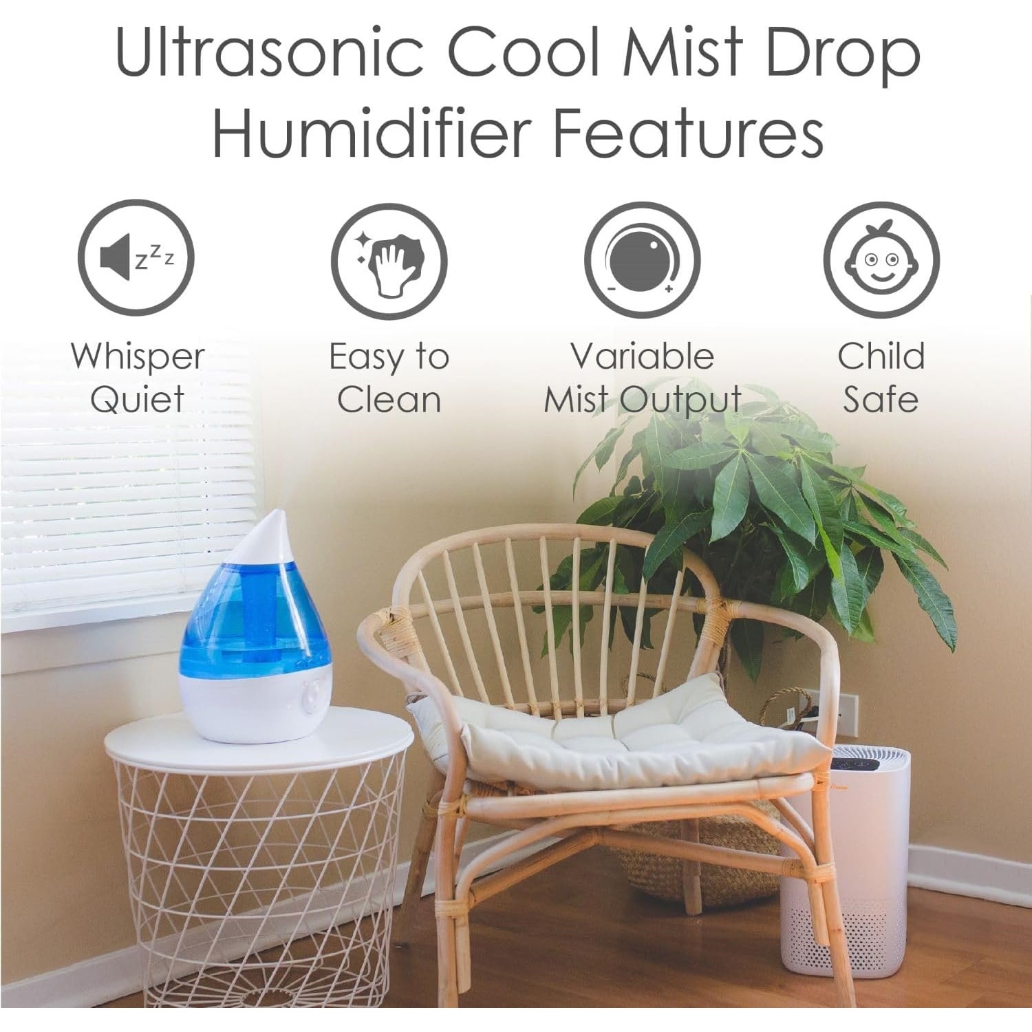 Ultrasonic Cool Mist Teardrop Humidifier for Baby Nursery, Bedroom, Office, Large Room, Adjustable Humidity, Auto Shut-Off, Easy Clean Blue & White 1 Gallon