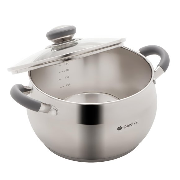 Daniks Modern - Olla de acero inoxidable 4 L (20 cm) con tapa de vidrio, fondo triple, apta para inducción y lavavajillas, marcas de medición internas y asas térmicas,