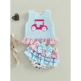 thumbnail image 6 of BemeyourBBs Toddler Baby Girl Golf Outfit Cute Infant Baby Girls Summer Clothes Golf Cart Embroidery Stripe Print Ruffled Tank Tops with Tiered Skirt Shorts 2Pcs Set, 6 of 10