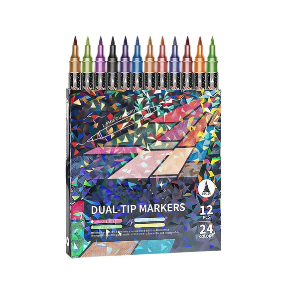 Metallic Brush Marker Pens Dual Tip 24 Colors for Cards DIY Doodle Writing Adult Coloring Art Scrapbooking 2.5ml