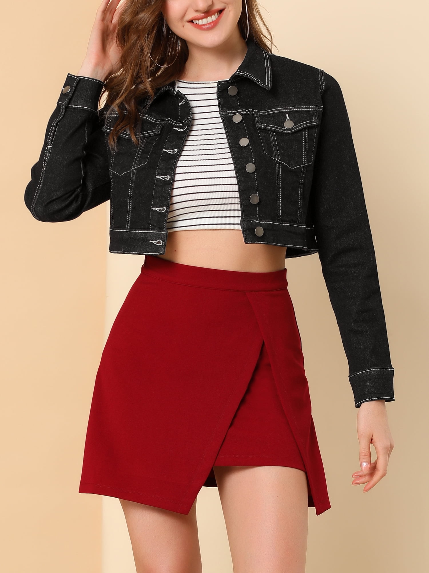 DARING DIVA Women's Long Sleeve Button Down Trucker Jean Denim Jacket XS Black