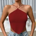 thumbnail image 2 of Top con cuello halter para mujer, camisola con dobladillo curvado sin espalda, blusa sin mangas con nudo en la espalda de Color puro, color burdeos L, 2 of 4