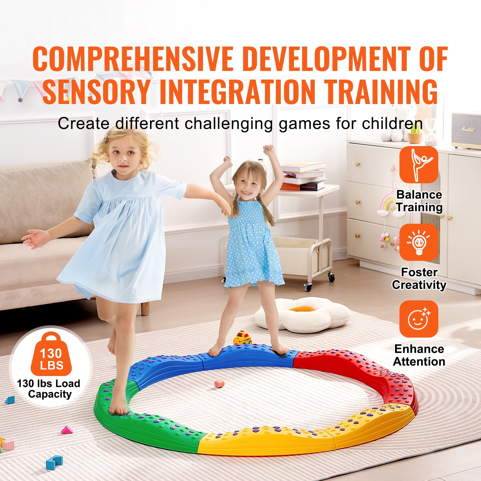 KFFKFF Equilibrium Planks and Pebbles, Set of 8, Child-Friendly Stability Platforms with Anti-Skid Texture & Rubber Cushions, Montessori-Inspired Plaything for Ages 2-6, Enhances Coordination