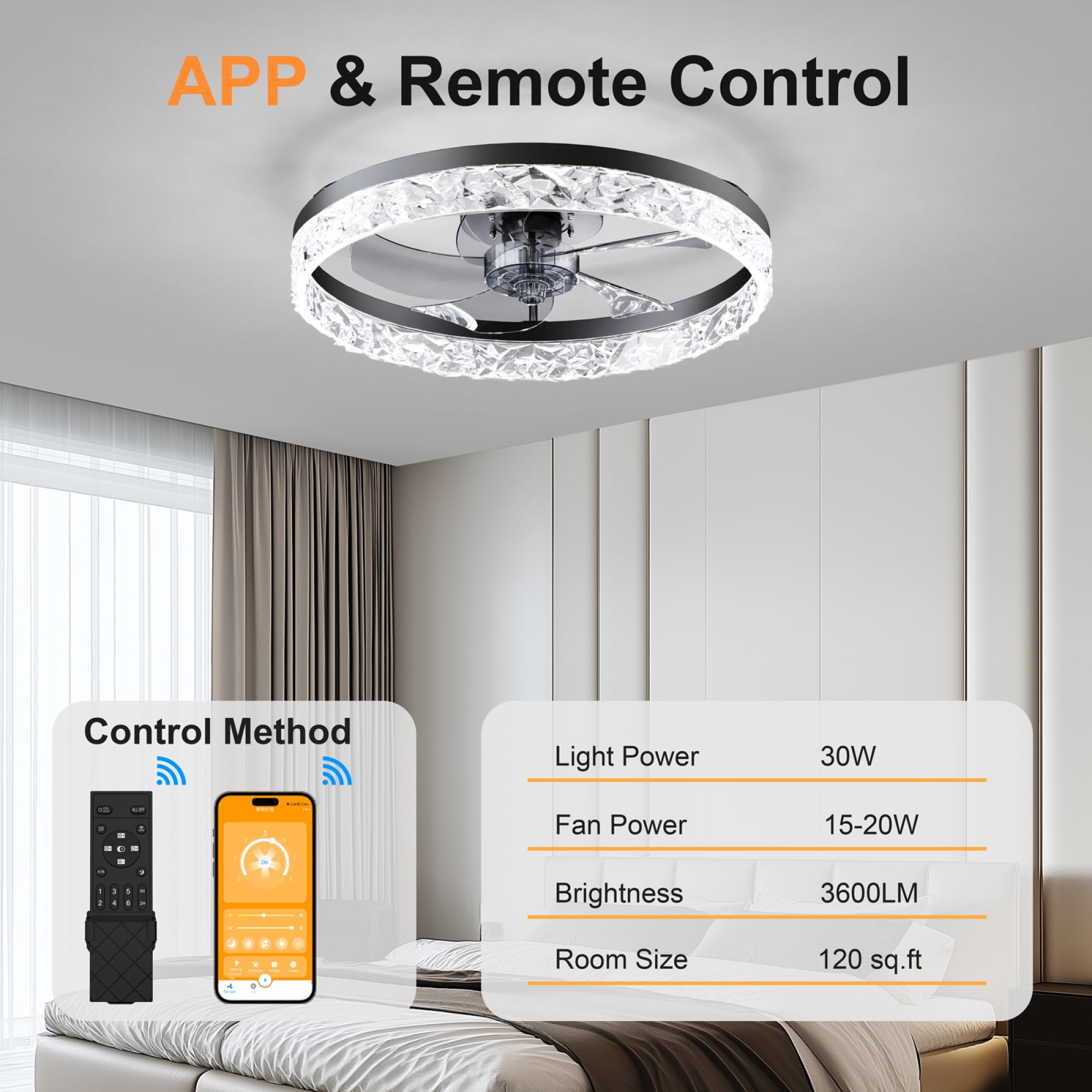 Leumius 19.7" Ceiling Fans with Lights Remote and APP Control, Dimmable 3-Color and 6-Speed quiet DC Motor, Ceiling Fan for Living Room Bedroom Black