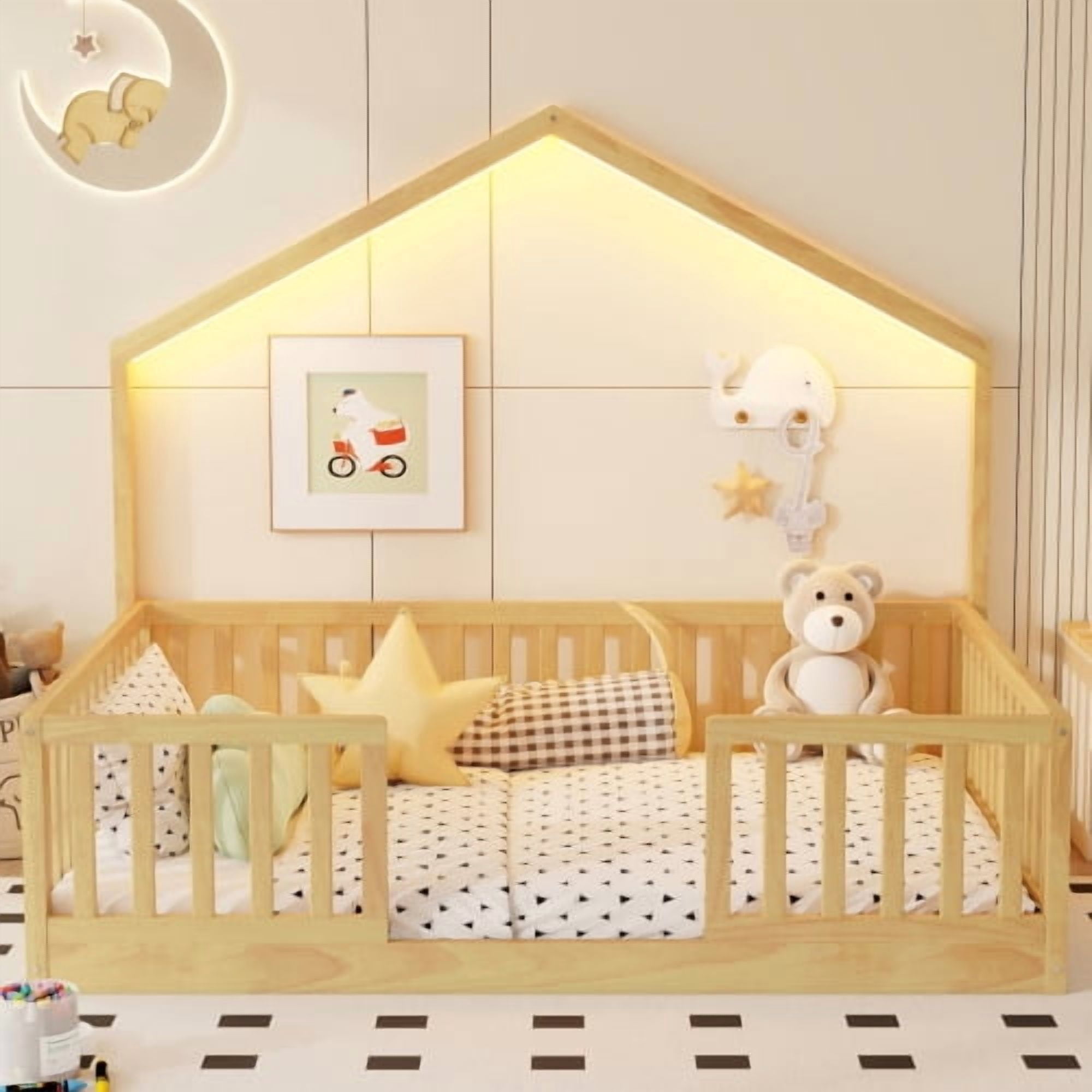 Full Size Montessori Kids Floor Bed with House Frame, LED Strip Light & High Safety Guardrails, Pine Wood Low Platform Bed Frame No Box Spring Needed, Max 300 LBS for Boys Girls