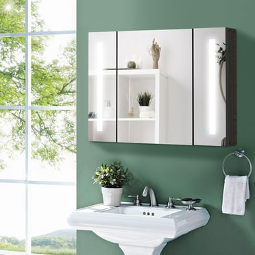 kleankin LED Lighted Medicine Cabinet with Mirror, 35.5"W x 25.5"H Wall Mounted Bathroom Cabinet with 3 Cupboards, Memory Function, USB Charge, High Gloss Black