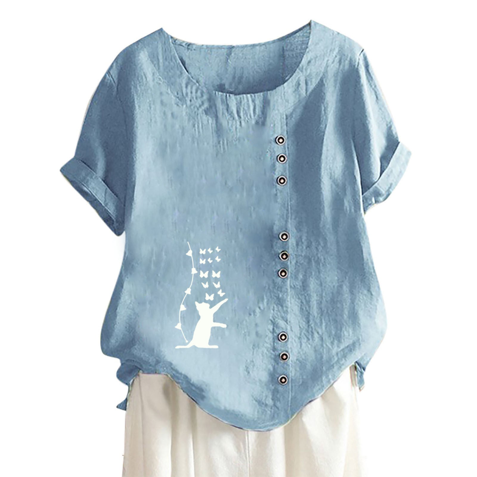 ZXHACSJ Fashion Womens Casual Flower Printing Cotton Linen Embroidery Short  Sleeve T-Shirt Top Light Blue L