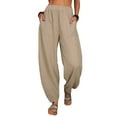 thumbnail image 3 of SLADYGLO Women Elastic Waist Multi Pockets Wide Leg Cotton Linen Harem Pants, 3 of 7