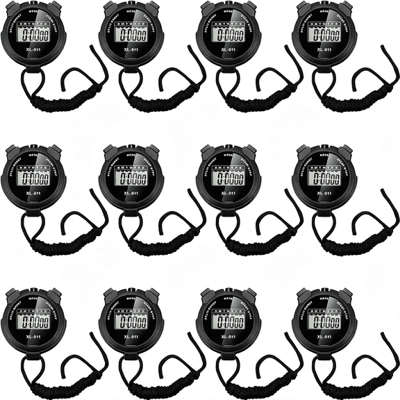 XIBUFE 12Pcs Multi Function Digital Stopwatch Timer Bulk Sports Stopwatch with Lanyard Plastic Display Waterproof Date Time Alarm Timer for Coaches Fitness Referees